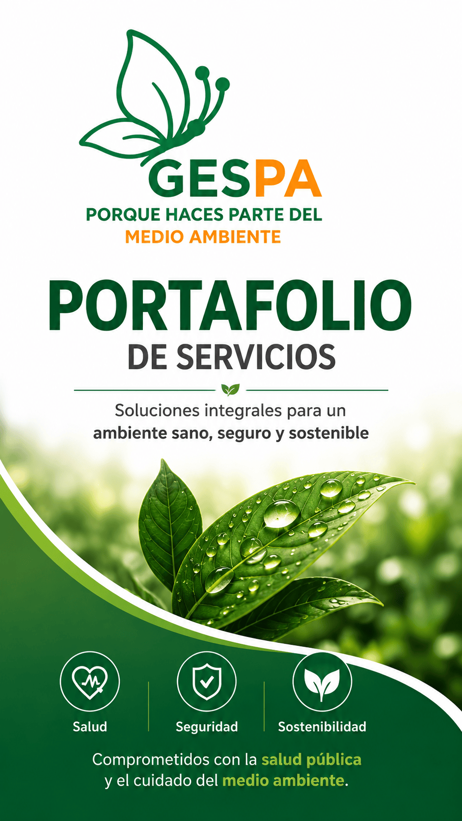 Portada de GESPA. Lema: Porque haces parte del medio ambiente. Portafolio de Servicios. Soluciones integrales para un ambiente sano, seguro y sostenible. Pilares: Salud, Seguridad y Sostenibilidad.