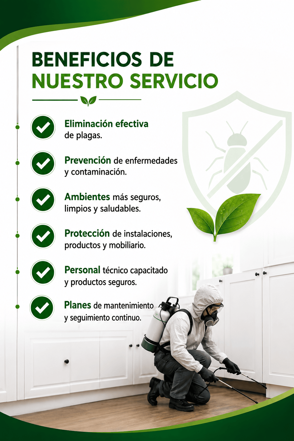 Beneficios del servicio de control de plagas: Eliminación efectiva, prevención de enfermedades, ambientes más seguros, protección de instalaciones, personal capacitado y planes de mantenimiento.