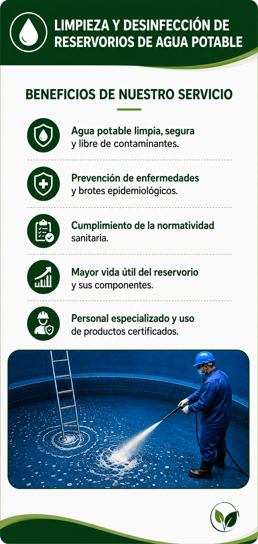 Beneficios de limpieza de reservorios: Agua potable limpia y segura, prevención de brotes epidemiológicos, cumplimiento normativo, mayor vida útil del reservorio y personal especializado.
